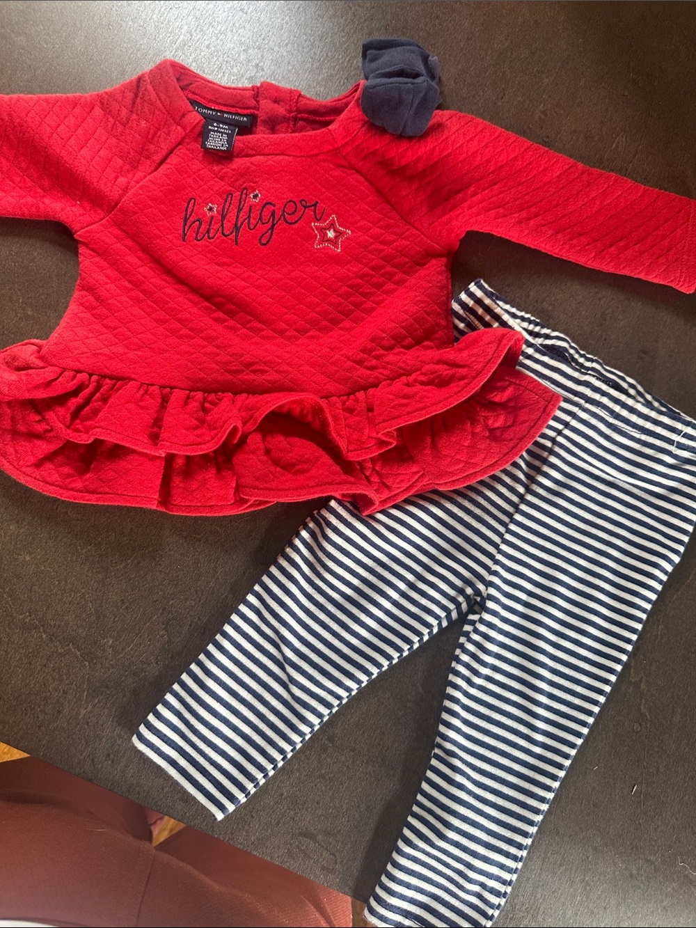 Tommy Hilfiger Red Quilted Peplum Top with Navy & White Striped Leggings 6-9 M